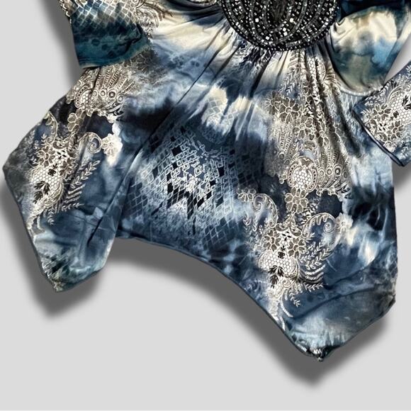 TIE DYE RHINESTONE BLING EMBELLISHED HANDKERCHIEF HEM LONG SLEEVE TOP - M - Picture 4 of 5